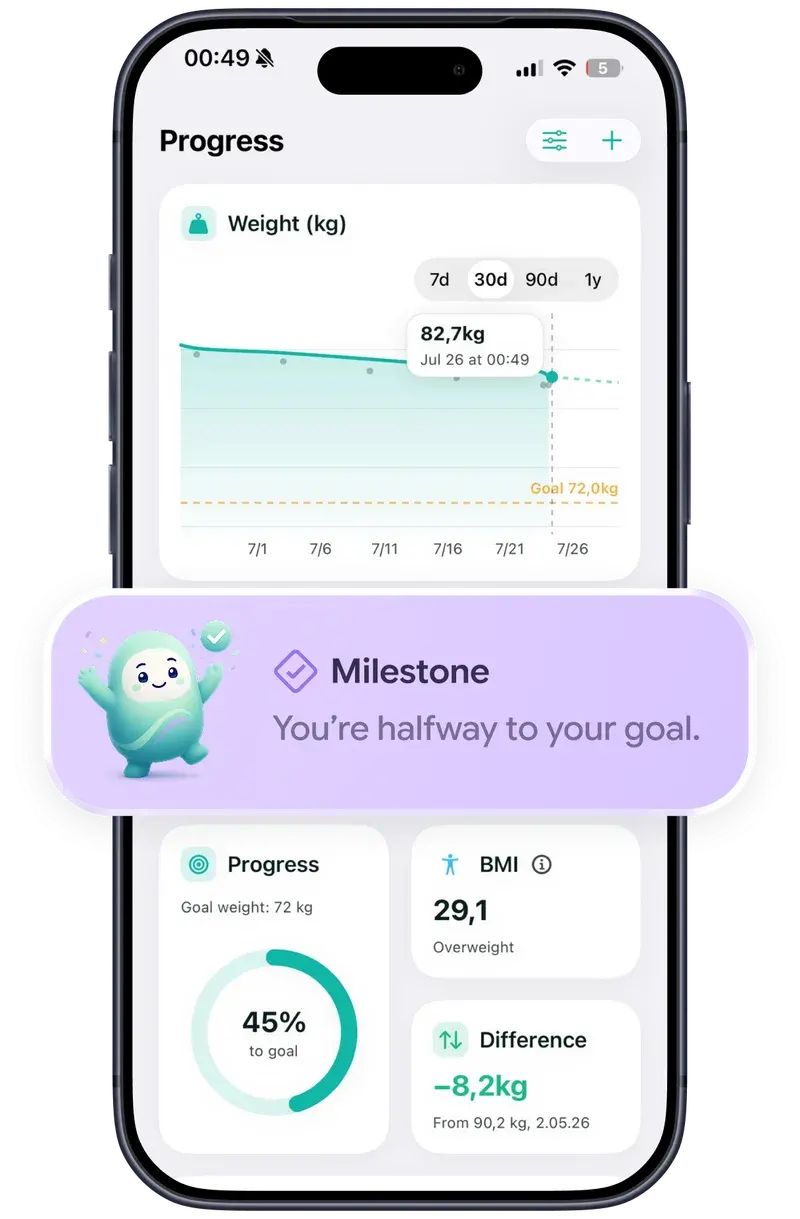 DoseDash progress screen with weight chart and a halfway-to-goal milestone